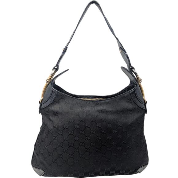 Gucci Creole Hobo Bag Black GG Monogram Canvas Leather Trim Gold Shoulder Tote - Picture 11 of 12